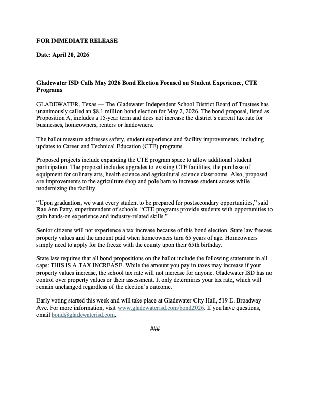 Gladewater ISD bond focused on CTE programs, student experience